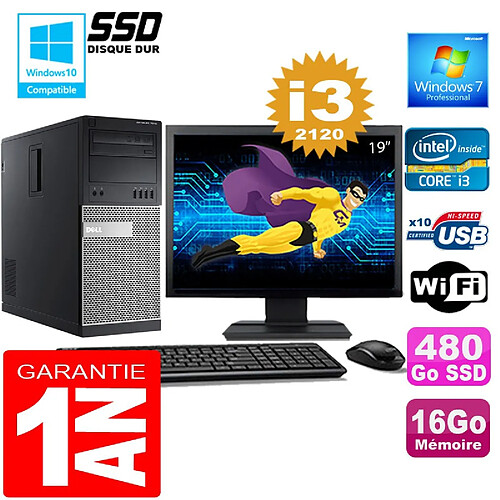 PC Tour DELL 7010 Core I3-2120 Ram 16Go Disque 480 Go SSD Wifi W7 Ecran 19" · Occasion