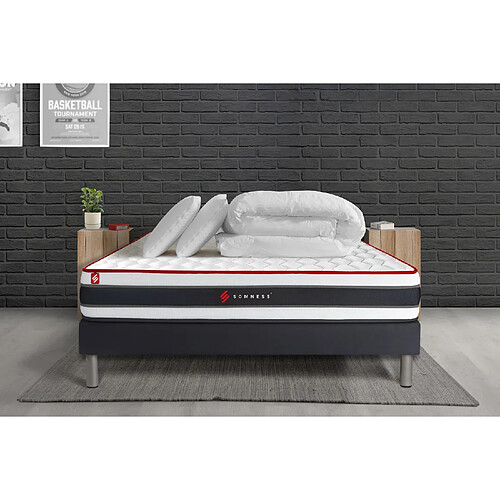 Somness Pack prêt à dormir 200x200 matelas ENERGY ressorts ensachés et mémoire de forme + sommier kit noir + Couette + 2 oreillers