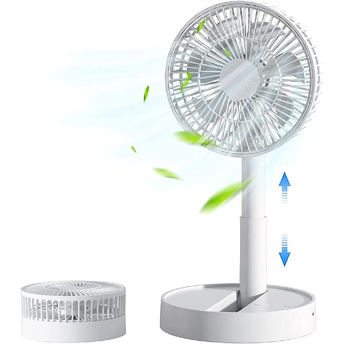 Ventilateur de Table Pliant KASYDoFF et Ventilateur sur Pied, 3600 mAh Rechargeable, Ventilateur de Bureau Portable USB Réglable à 4 Vitesses pour la Maison, le Bureau et les Voyages, Blanc