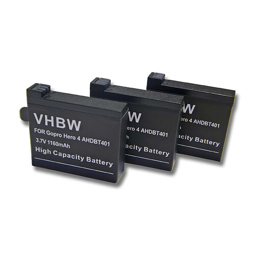 3 batteries vhbw Li-Ion 1160mAh (3.8V) pour GoPro Hero 4 Black Silver Surf Music Edition comme AHDBT-401, 335-06532-000.