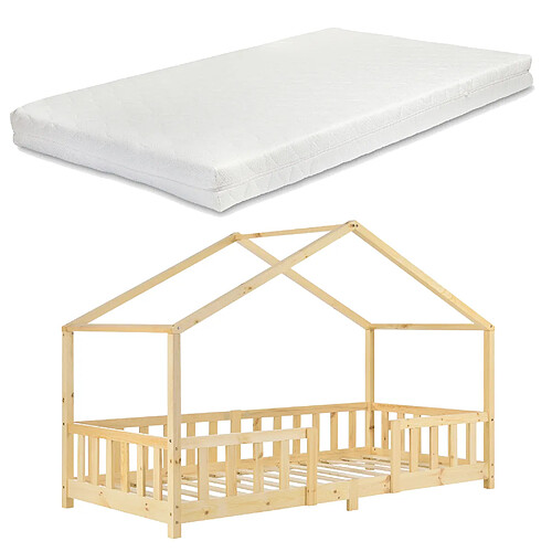 Lit d'enfant Treviolo Forme Maison avec Matelas à Mousse à Froid 200 x 90 cm Bois Naturel [en.casa]