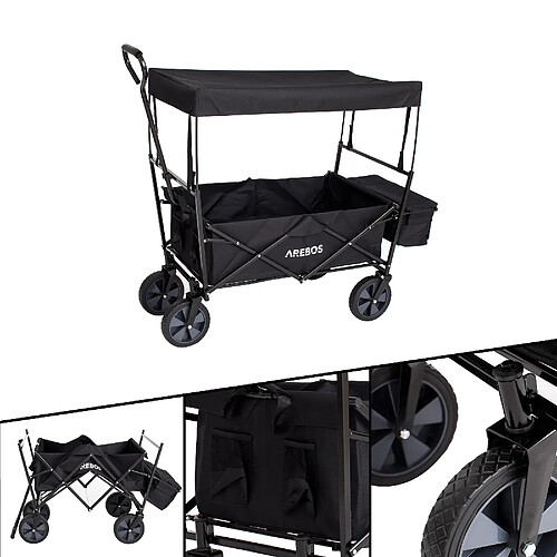 AREBOS Chariot de jardin pliable, Chariot de transport à main, Avec barre de poussée, Pliable, Noir