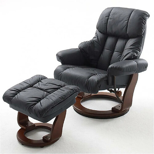 Inside 75 Fauteuil relax CLAIRAC assise en cuir noir pied en bois noyer avec repose pied