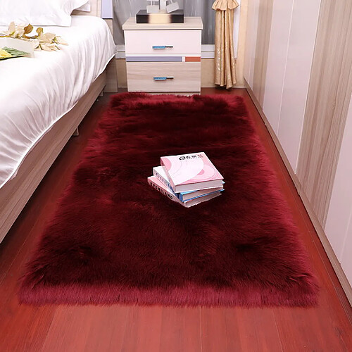 LUUCOZK Tapis moelleux en fausse fourrure, tapis à poils longs pour chambre à coucher, salon - rouge vin-50x50 carré