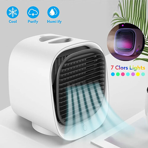 Universal Mini usb climatisation air refroidisseur ventilateur de bureau air refroidisseur humidificateur purificateur pour bureau chambre à coucher avec 7 couleurs de lumière | ventilateur (blanc)