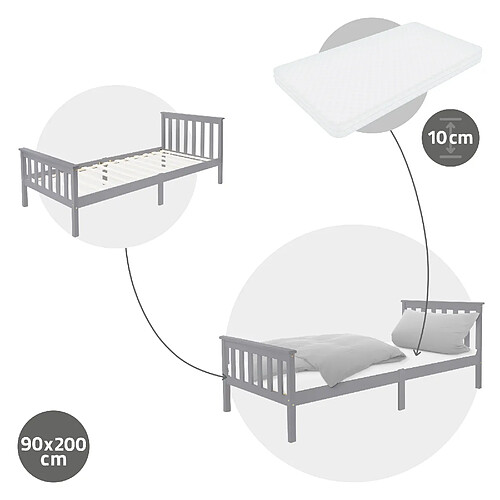 ML-Design Lit d'enfants simple bois de pin gris clair sommier à lattes + matelas 90x200 cm