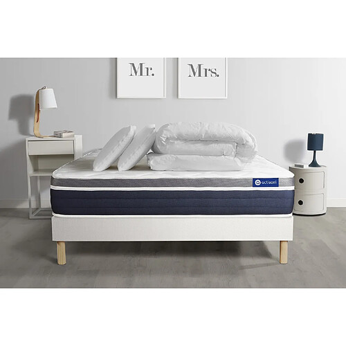 ACTISOM Pack prêt à dormir ACTILATEX CONFORT Matelas Latex + mémoire de forme 140x200 cm + sommier KIT blanc + 2 oreillers + couette