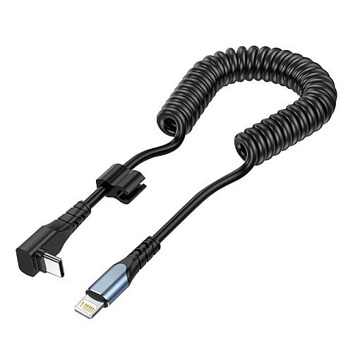 Avizar Câble spiralé USB-C vers iPhone / iPad Lightning coudé 90°, Noir 1,2m