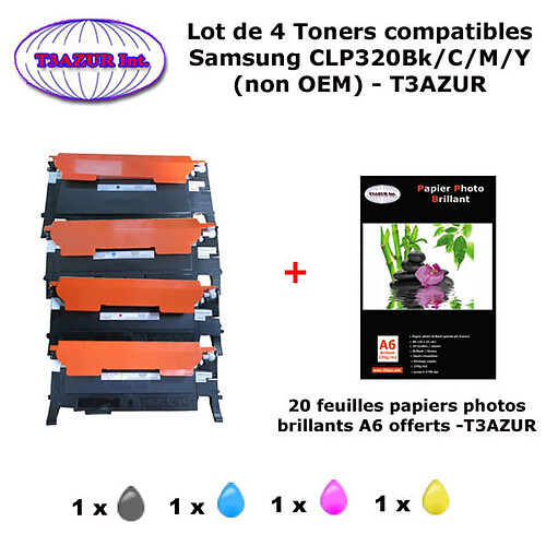 4 Toners génériques CLP-320 Bk,C,M,Y pour Samsung CLX 3180 3185 3185FN 3185FW 3185N imprimante+ 20f A6 brillantes -T3AZUR