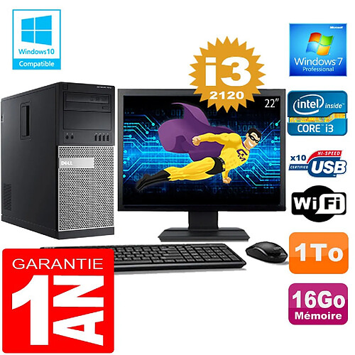 PC Tour DELL 7010 Core I3-2120 Ram 16Go Disque 1 To Wifi W7 Ecran 22" · Occasion