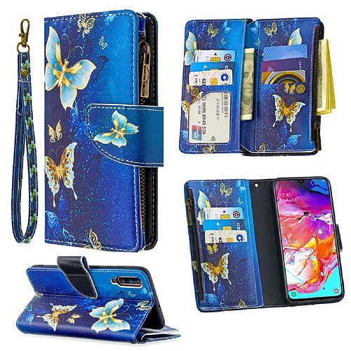 Etui en PU fermeture éclair à motifs avec sangle papillon cyan pour votre Samsung Galaxy A70