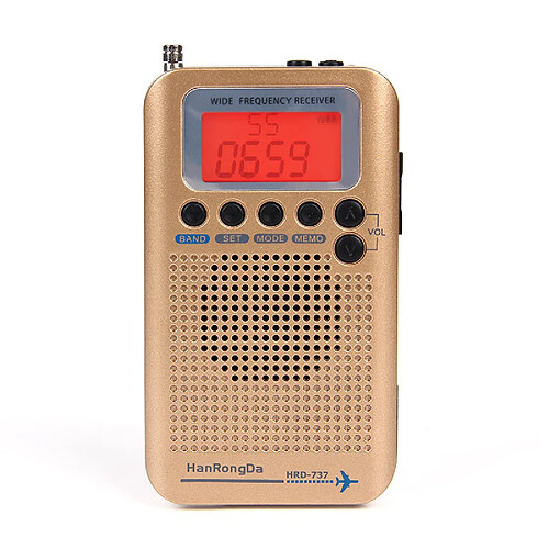 Universal Hanrongda HRD 737 Radio-avion portable avec récepteur FM/AM/SW/CB/AIR/VHF Radio World Band et réveil LCD(Or)