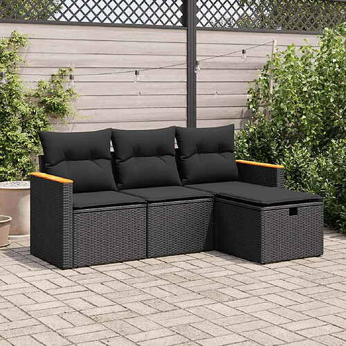 vidaXL Salon de jardin 4 pcs avec coussins noir résine tressée