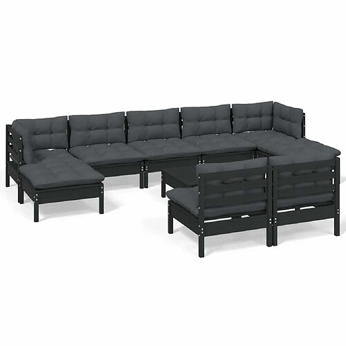 Maison Chic Salon de jardin 10 pcs + coussins - Mobilier/Meubles de jardin - Table et chaises d'extérieur Noir Bois de pin -MN41305