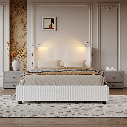 KILISKY Lit coffre double - 140x200cm - Avec lampe de lecture LED - velours côtelé - Sommier à lattes en métal - beige