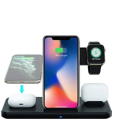 Chrono Support de chargeur sans fil 4 en 1, station de chargement rapide sans fil QI, station de chargement sans fil 15 W pour iPhone 11 12 Mini Pro MAX X XS XR 8 Plus, AirPods, séries de montres 6/5/4/3/2/1,(noir)