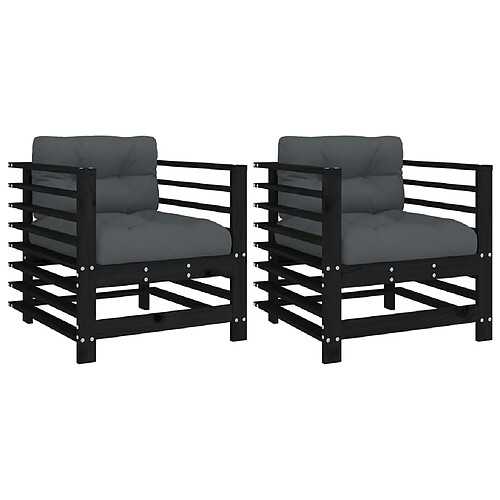 Maison Chic Lot de 2 Chaises de jardin,Fauteuil d'extérieur et coussins noir bois de pin massif -MN90642