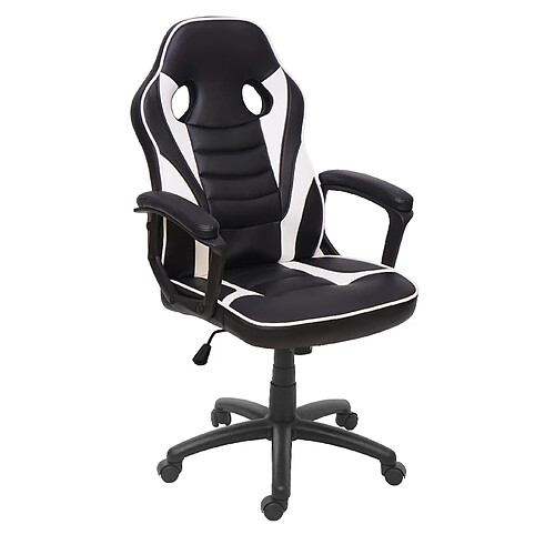 Decoshop26 Fauteuil chaise de bureau gamer sur roulettes forme ergonomique pivotant hauteur réglable synthétique noir/blanc 04_0001840