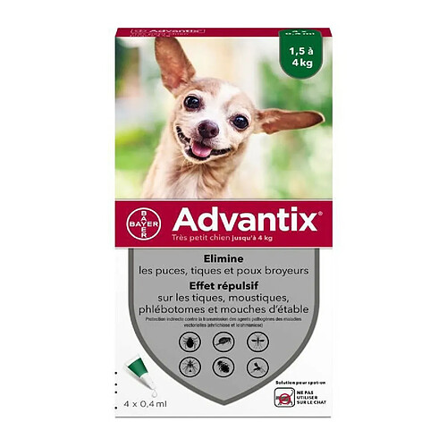 Advantix Tres Petit Chien - Anti-Puces et Anti-Tiques - 1,5-4KG - 4 Pipettes