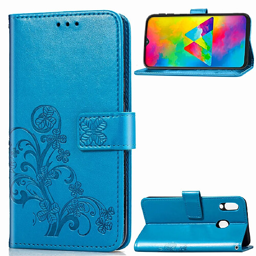 Wewoo Housse Coque Étui en cuir à Motif fleurs pressées Lucky Clover pour Galaxy M20avec porte-cartes et & Portefeuille et dragonne Bleu