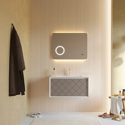 Kiamami Valentina MEUBLE DE SALLE DE BAIN 80CM FRÊNE GRIS ET MIROIR LED TACTILE 80X60 | MIAMI