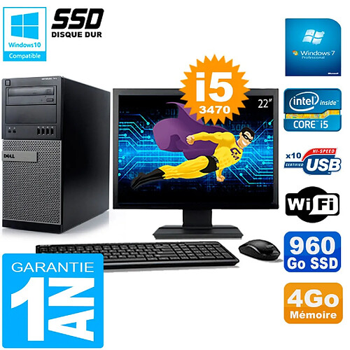 PC Tour DELL 7010 Ecran 22" Core I5-3470 RAM 4Go Disque 960 Go SSD Wifi W7 · Occasion