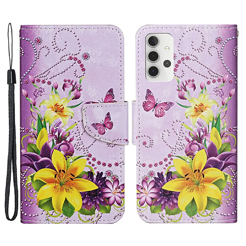 Etui en PU Impression de motifs avec support fleur jaune pour votre Samsung Galaxy A32 4G (EU Version)