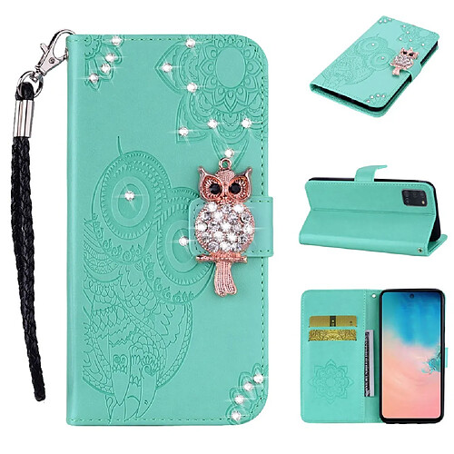 Etui en PU décor de strass imprimé hibou vert pour votre Samsung Galaxy A31