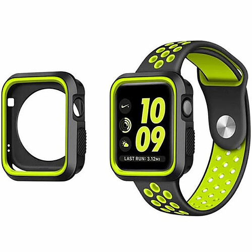 PHONECARE Kit Coque Military DoubleColor + Bracelet Bicolore SportStyle pour Apple Watch Series 3 - 38mm - Noir / Vert fluorescent