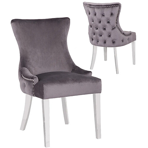 Vivenla Lot de 2 Chaises de salle à manger design avec capitonnage à l'arriere revêtement en velours gris foncé et piètement en acier inoxydable argenté collection LEO