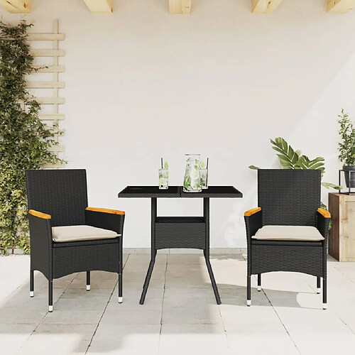 vidaXL Ensemble à manger de jardin et coussins 3 pcs noir rotin verre