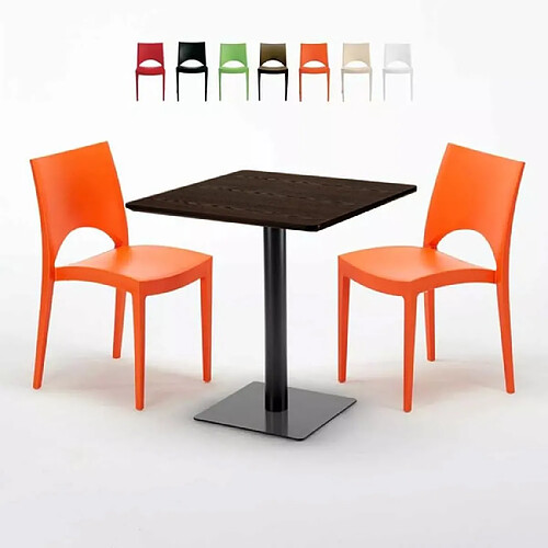 Grand Soleil Table carrée 70x70 plateau effet bois avec 2 chaises colorées Paris Melon - Orange