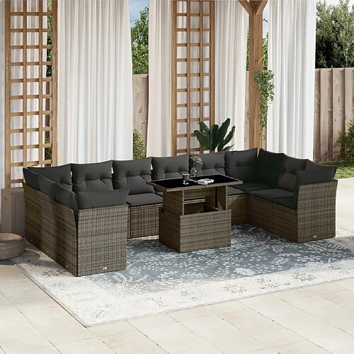 vidaXL Salon de jardin 11 pcs avec coussins gris résine tressée