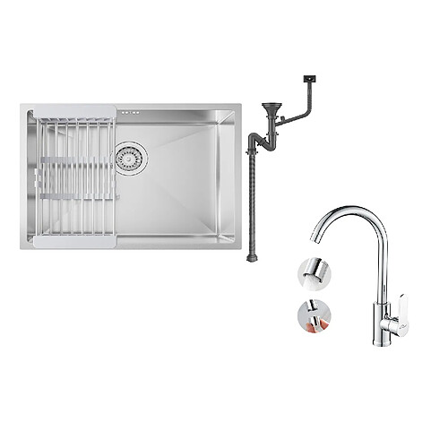 Auralum max Évier Cuisine 1 Bac 60*44*20CM,en inox 304,à Encastrer/sous-plan avec Panier Drainage,Nano Silver+Mitigeur Cuisine Chromé,Pivotant 360°