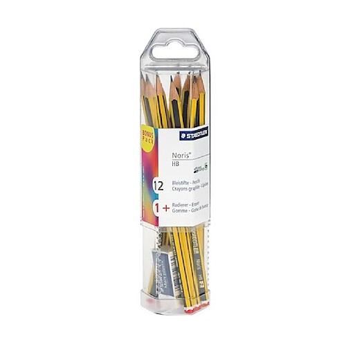 STAEDTLER Pack de 12 crayons noirs à papier HB + une gomme offerte