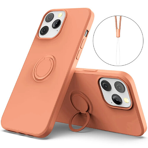 Coque en silicone, antichoc avec béquille à anneau réglable et sangle orange pour votre Apple iPhone 13 Pro Max 6.7 pouces