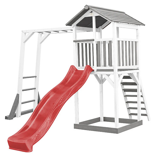 AXI Beach Tower Aire de Jeux avec Toboggan en Rouge, Cadre d'escalade & Bac à Sable | Grande Maison Enfant extérieur en Gris & BLANC | Cabane de Jeu en Bois FSC