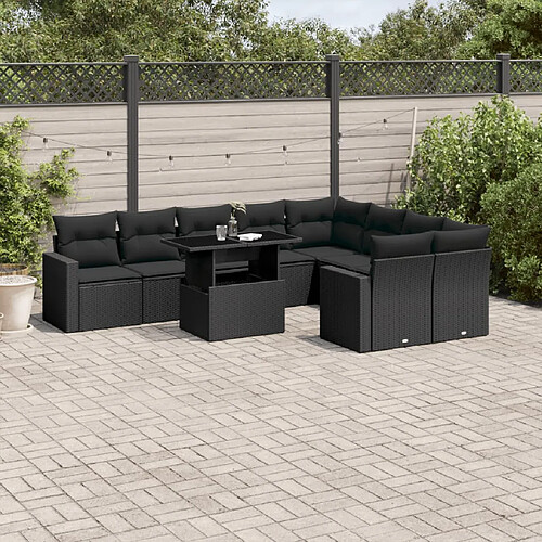 vidaXL Salon de jardin 10 pcs avec coussins noir résine tressée