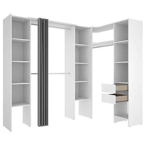 Pegane Kit armoire dressing d'angle extensible en bois mélaminé coloris blanc - Longueur 164-234 x Profondeur 141 x Hauteur 205 cm