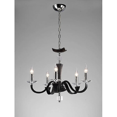 Luminaire Center Suspension Nardini 5 Ampoules chrome poli/Faux cuir noir/cristal