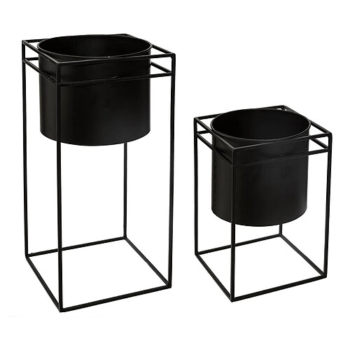 Set de 2 Pots noir avec support en métal -PEGANE-