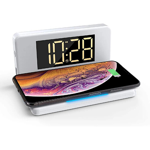 Chrono Réveil numérique avec chargement sans fil Qi, veilleuse de chevet, grand écran LED à gradation avec 4 luminosités, port de chargement USB, compatible avec les AirPods iPhone Samsung,(blanc)