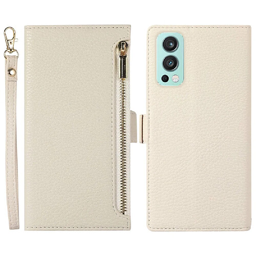 Etui en PU texture litchi, anti-rayures avec pochette à fermeture éclair et sangle pour votre OnePlus Nord 2 5G - blanc