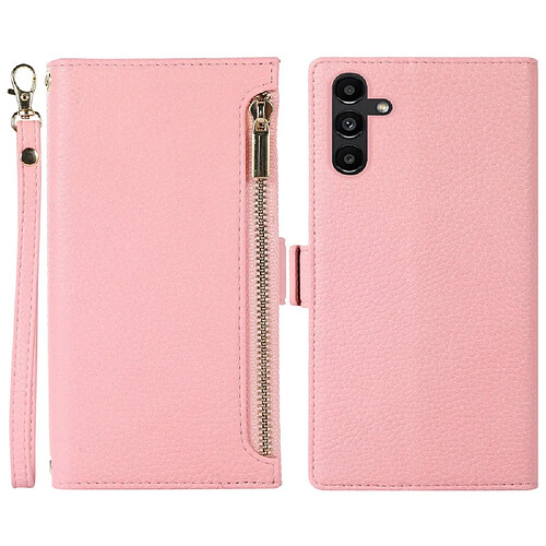 Etui en PU texture litchi avec support, pochette à fermeture éclair et sangle pour votre Samsung Galaxy A13 5G - rose