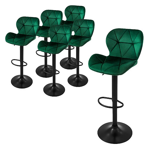 ML-Design Lot 6 tabourets de bar rembourrées velours chaise vert hauteur réglable 59-79 cm