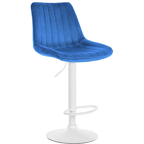 Decoshop26 Tabouret de bar x1 réglable en hauteur pivotant à 360° assise en velours bleu couture verticale pied métal blanc 10_0005432