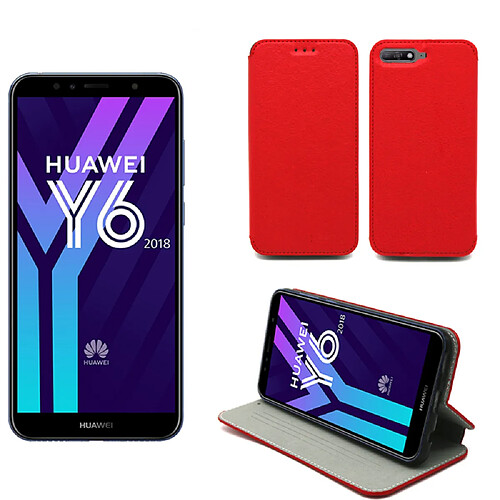 Huawei Y6 2018 4G : Etui rouge Slim Style Cuir avec stand - Housse noire coque anti choc de protection smartphone 2018 - Accessoires pochette case XEPTIO