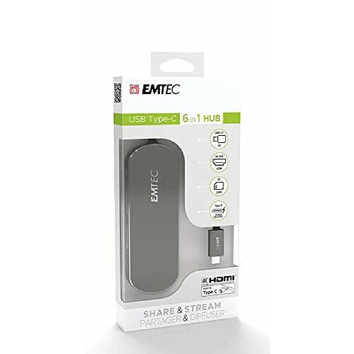 Emtec Hub USB 3.1 6en1 T650C 3 ports 3.1 + 1 port USB-C + Lecteur de carte SD (Noir)