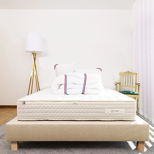 LUXURY LITERIE Ensemble Matelas Sublime, 20 cm, mousses haute densité, ferme, face été/hiver + sommier beige ep20cm + oreiller + couette, 140x190cm