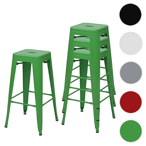 Mendler 4x Tabouret de bar HWC-A73, pour comptoir, métal, style industriel, empilable ~ vert